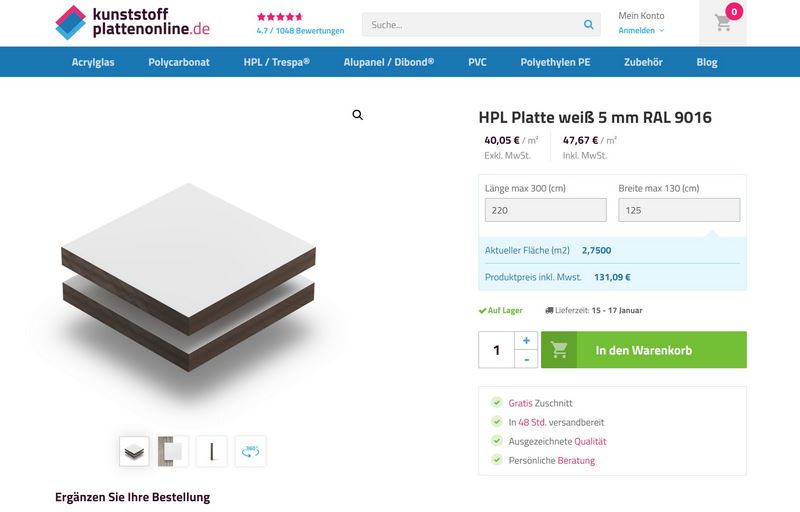 kunststoffplattenonline.de - Hochwertige HPL-Platten, Acrylglas & Co. nach Maß
